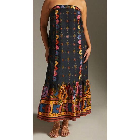 Anthropologie Farm Rio Embroidered Dress Strapless Black Folklore Size m petite - Picture 11 of 11